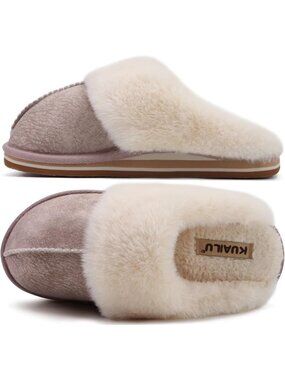Womens Beige Cozy Memory Comfy Winter Scuff Indoor Outdoor Rubber Hard Sole